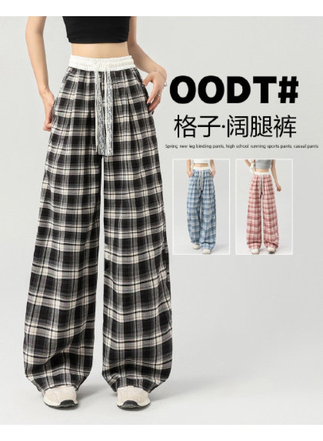 Baleno Lazy And Relaxed Women's Plaid Casual Pants - Youthful, Slimming, Lace-up Drawstring Elastic Waist, Loose Straight-leg Wide-leg Trousers - Image 1