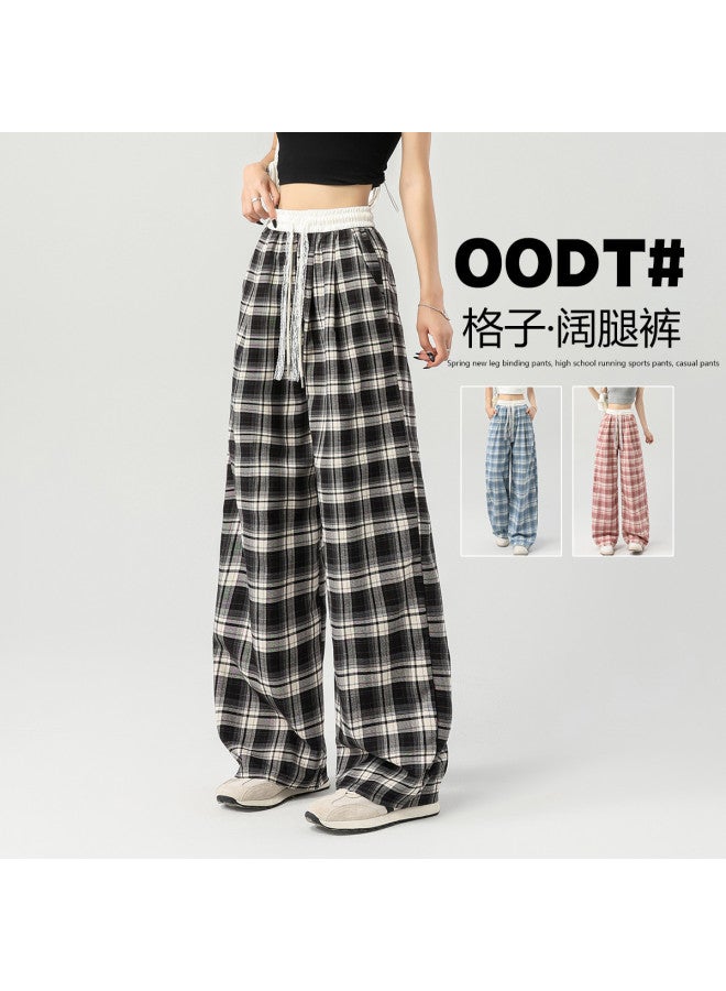 Baleno Lazy And Relaxed Women's Plaid Casual Pants - Youthful, Slimming, Lace-up Drawstring Elastic Waist, Loose Straight-leg Wide-leg Trousers - Image 2
