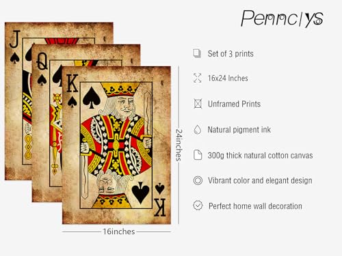 Pennclys Playing Card Wall Art Poster Vintage Poker Canvas Wall Decor Retro Game Room Art Picture Joker King Queen Poster Trendy Retro Prints Vintage Poker Painting Artwork for Bedroom 16x24 Inch Unframed 3Pcs - Image 3