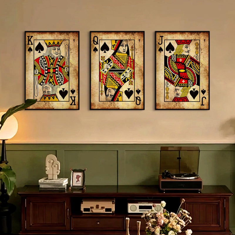 Pennclys Playing Card Wall Art Poster Vintage Poker Canvas Wall Decor Retro Game Room Art Picture Joker King Queen Poster Trendy Retro Prints Vintage Poker Painting Artwork for Bedroom 16x24 Inch Unframed 3Pcs - Image 2