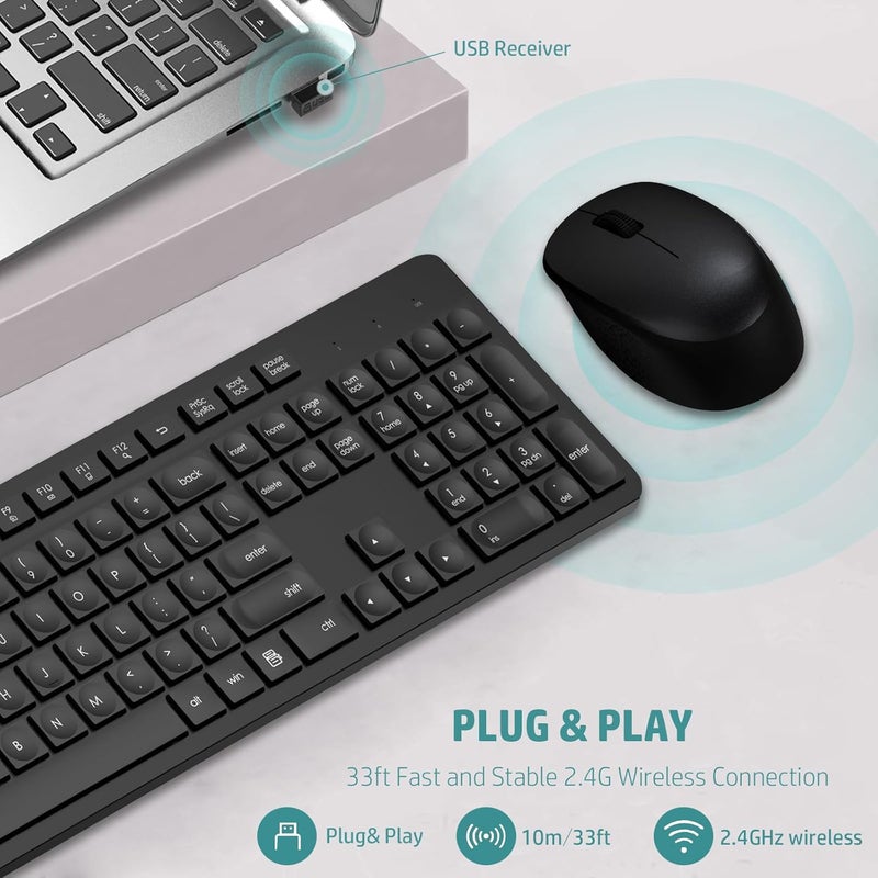 LeadsaiL Wireless Keyboard and Mouse Combo, Full-Sized Ergonomic Computer Keyboard, 2.4GHz Cordless Keyboard Silent Mouse Set with 2-in-1 USB Receiver, 12 FN Shortcuts for Windows Laptop, PC/Mac-Black - Image 2