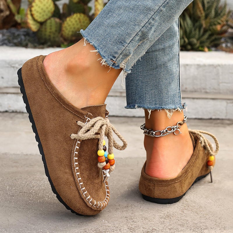 NHBEOEN Women's Suede Flat Moccasin Mules with Beaded Casual Comfortable Round Toe Soft Sole Slip On Clogs for Daily Work Anti-Slip Walking Slides (Brown,9) - Image 3