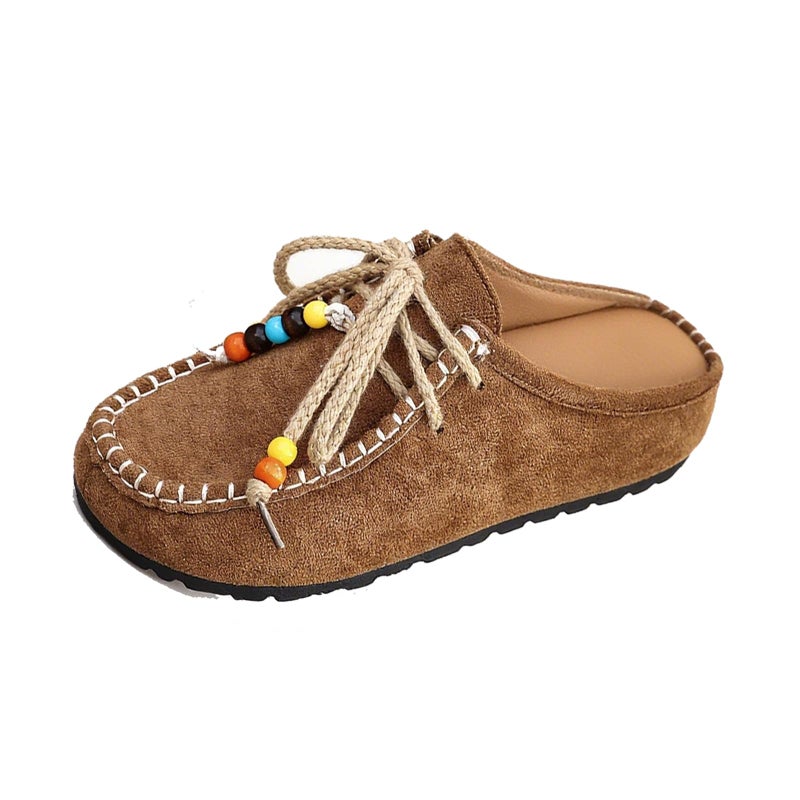 NHBEOEN Women's Suede Flat Moccasin Mules with Beaded Casual Comfortable Round Toe Soft Sole Slip On Clogs for Daily Work Anti-Slip Walking Slides (Brown,9) - Image 1