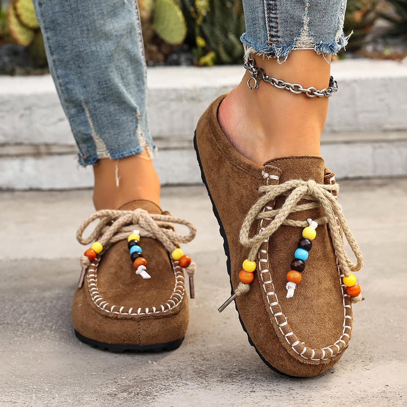 NHBEOEN Women's Suede Flat Moccasin Mules with Beaded Casual Comfortable Round Toe Soft Sole Slip On Clogs for Daily Work Anti-Slip Walking Slides (Brown,9) - Image 2