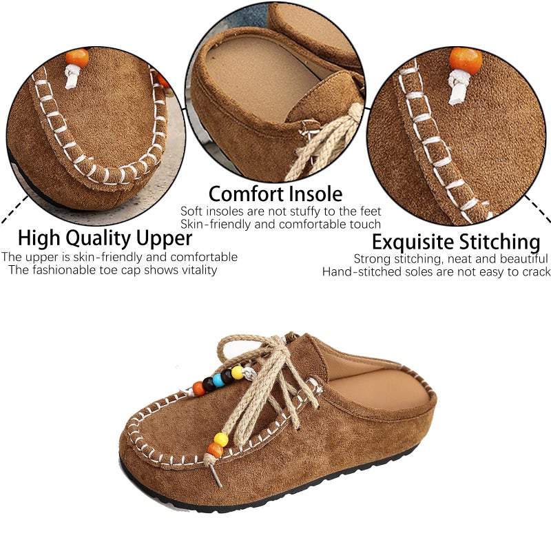 NHBEOEN Women's Suede Flat Moccasin Mules with Beaded Casual Comfortable Round Toe Soft Sole Slip On Clogs for Daily Work Anti-Slip Walking Slides (Brown,9) - Image 5