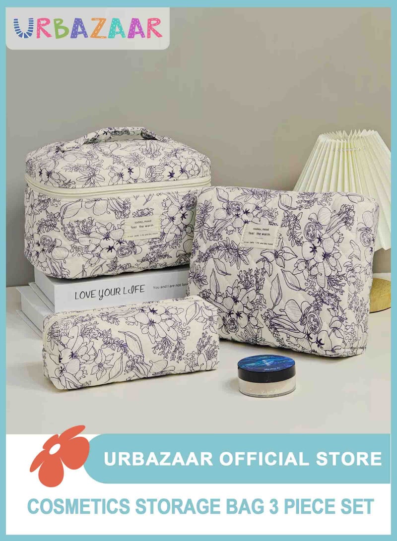 URbazaar مجموعة حقائب مكياج قطنية مبطنة من URbazaar بأحجام 3 قطع، حقيبة مستحضرات السفر الشخصية اللطيفة بتصميم زهور زرقاء، حقائب مكياج تجميلية كبيرة وصغيرة (بورسلين أزرق وأبيض) - Image 1