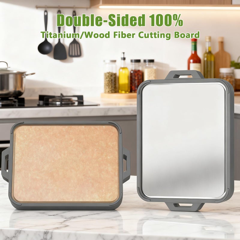 GUANCI Titanium Cutting Board for Kitchen, Double Sided Pure Titanium and Wood Fiber Cutting Board with Juice Groove, Food Grade Material, Dishwasher Safe - Image 3
