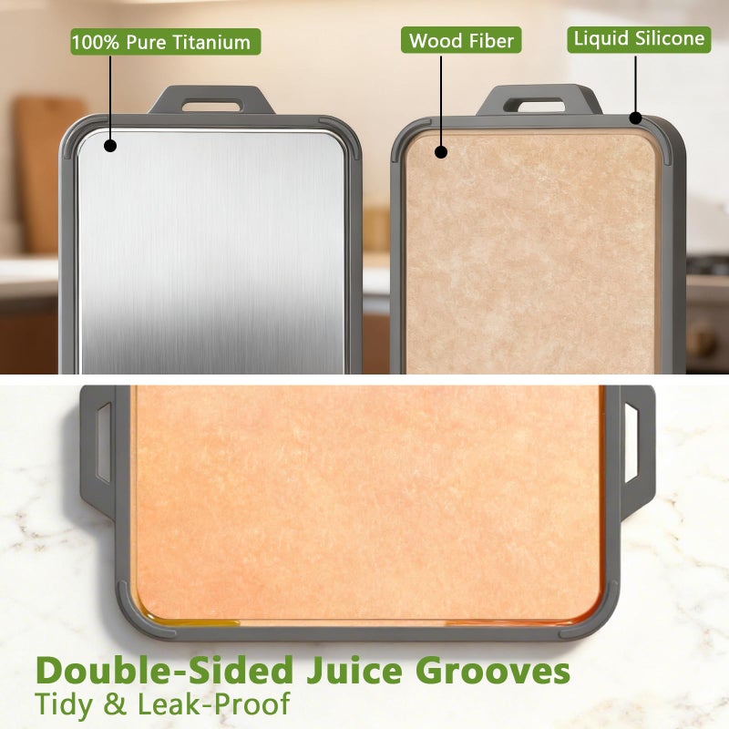 GUANCI Titanium Cutting Board for Kitchen, Double Sided Pure Titanium and Wood Fiber Cutting Board with Juice Groove, Food Grade Material, Dishwasher Safe - Image 4