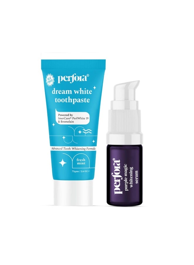 بيرفورا مجموعة بيرفورا المصغرة لتبييض الأسنان | سيروم أرجواني ومعجون أسنان دريم وايت | معجون أسنان خالٍ من كبريتات لوريل الصوديوم والفلورايد | يحتوي على هيدروكسي أباتيت لإعادة تمعدن الأسنان | محلول تبييض أسنان آمن وفعال يحافظ على مينا الأسنان - Image 1