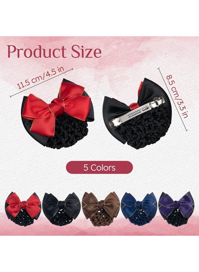 TXIN 5 Pieces Women Hair Snood Net Golden Edge Bowknot Decor Barrette Elastic Mesh Hair Bun Cover Satin Bow Hairnet Professional Hair Clip Hairpin for Women Girls Hair Styling Accessories, 5 Colors - Image 2