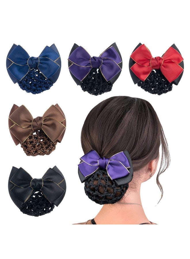 TXIN 5 Pieces Women Hair Snood Net Golden Edge Bowknot Decor Barrette Elastic Mesh Hair Bun Cover Satin Bow Hairnet Professional Hair Clip Hairpin for Women Girls Hair Styling Accessories, 5 Colors - Image 1