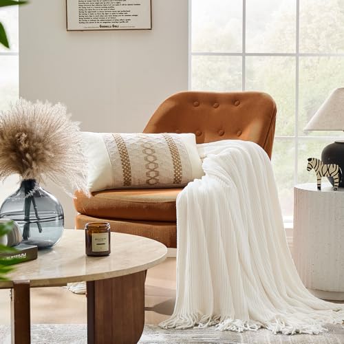 inhand Throw Blanket for Couch BedChunky Chenille Woven Soft Blankets with TasselsCozy Boho Farmhouse Fall Winter DecorWarm for Women50x60Extra ThickOff White - Image 3