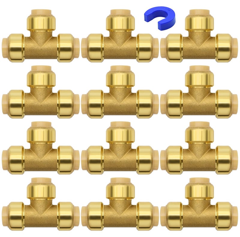 Ruby Q 12 Pack Push-to-Connect Plumbing Fittings, 1/2" Pushfit Tee Fittings with Disconnect Clip for Copper, PEX, CPVC Pipe - Image 1