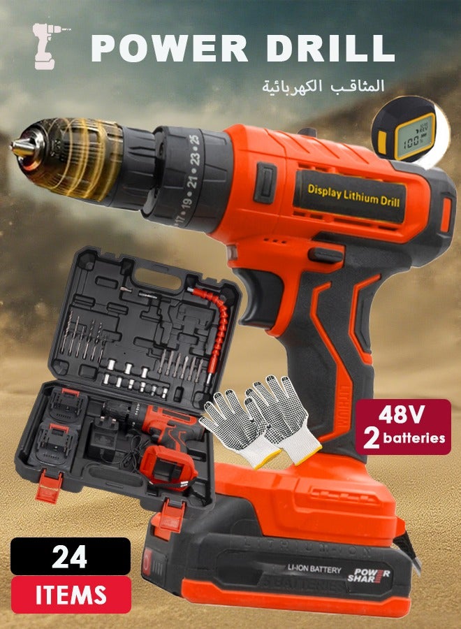 Bolivia's Drill,48V Cordless Drill, Two Li-Ion Batteries and Fast Charger, 3/8" Drill Kit Tools Set,LED Work Light, Variable Speed ​​Drill, 24 Accessories +Power Tools box - Image 1