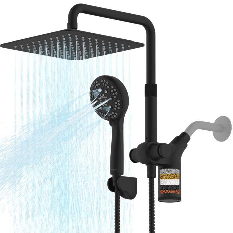 Ryamen Upgraded Dual Shower Heads Combo, 10 inch Filtered Shower Head with Handheld, 3-Way Rain Shower Head with Filters, 7 Settings Handheld Spray, High Pressure, Height Adjustable (Black) - Image 1