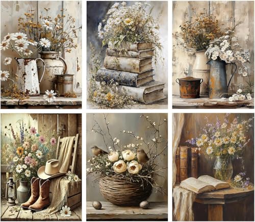 VIGEGU 6 Pack Diamond Art Kits for Adults5D Vintage Flower Diamond Painting Kit for Adults BeginnersDIY Diamond Dots Gem Painting for Adults Wall Art Decor 118x157inch - Image 1