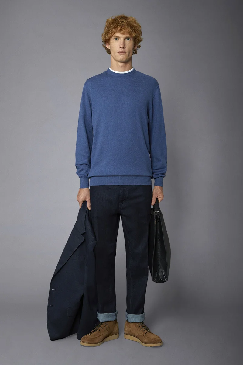 Men's roundneck wool and cotton sweater - Indigo