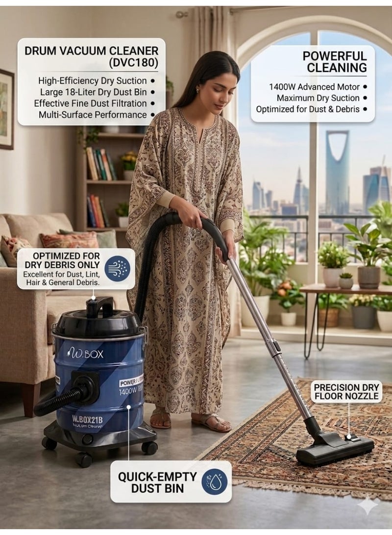 دبليو بوكس مكنسة كهربائية أسطوانية سعة ١٨ لترًا، ١٤٠٠ واط، أزرق وأسود | RM-DVC18A  لون أبيض كريمي كلاسيكي وأسود - Image 2