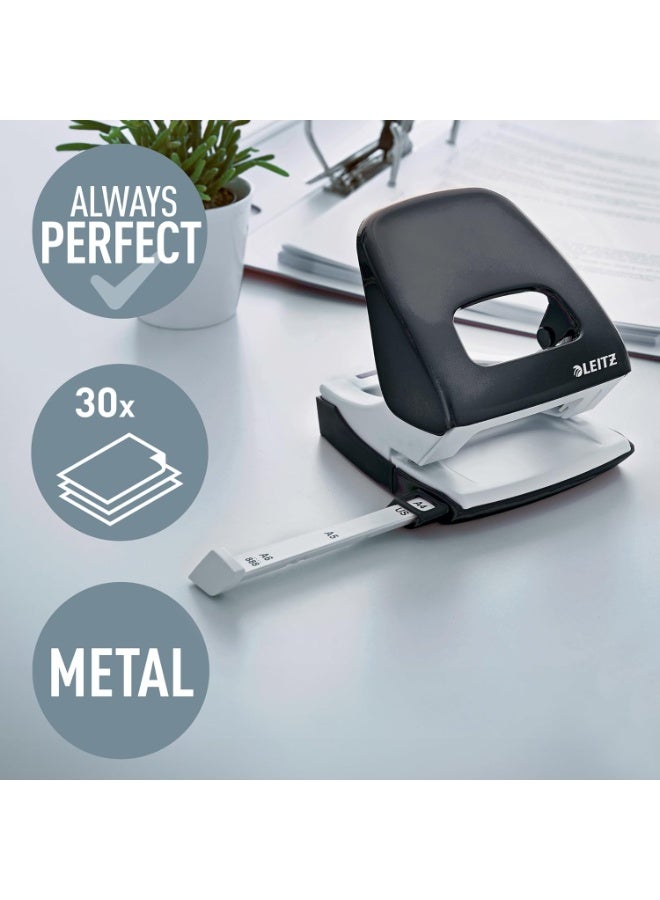 Leitz WOW Hole Punch | 30-Sheet Capacity | Metal Construction | Integrated Guide Bar with Format Markings | Black (50081095) - Image 3