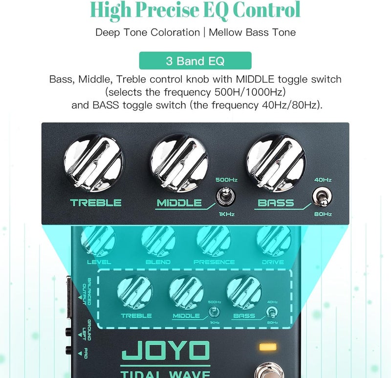 جويو دواسة تأثير “بريأمب أوفردرايف” (Preamp Overdrive) للجيتار الباس من ، مزودة بوحدة تعديل التوازن الصوتي (EQ) وتقنية لتقليل الضوضاء، مع خرج من نوع DI، مناسبة لعازفي الجيتار الكهربائي في أنماط الموسيقى البوب والفانك والميتال (TIDAL WAVE R-30) - Image 3