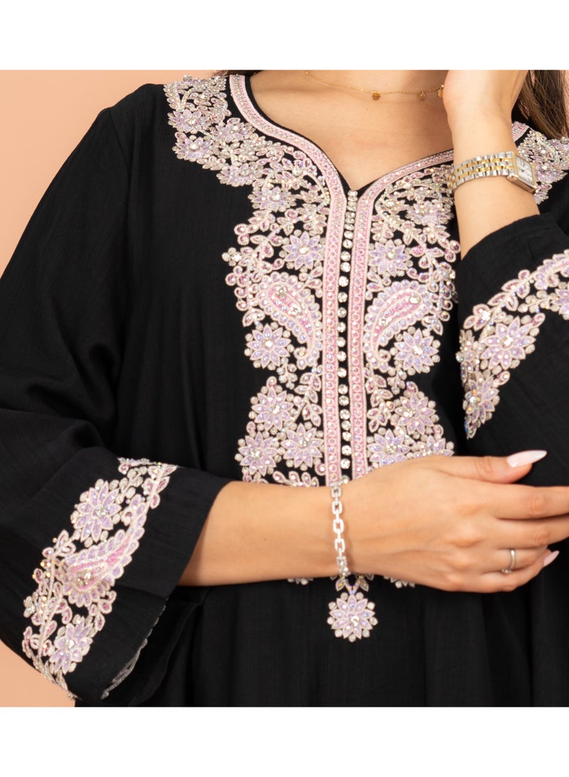 IKKXA Classic Solid Floral Embroidery Crystal Jalabiya IK605 Black - Image 2