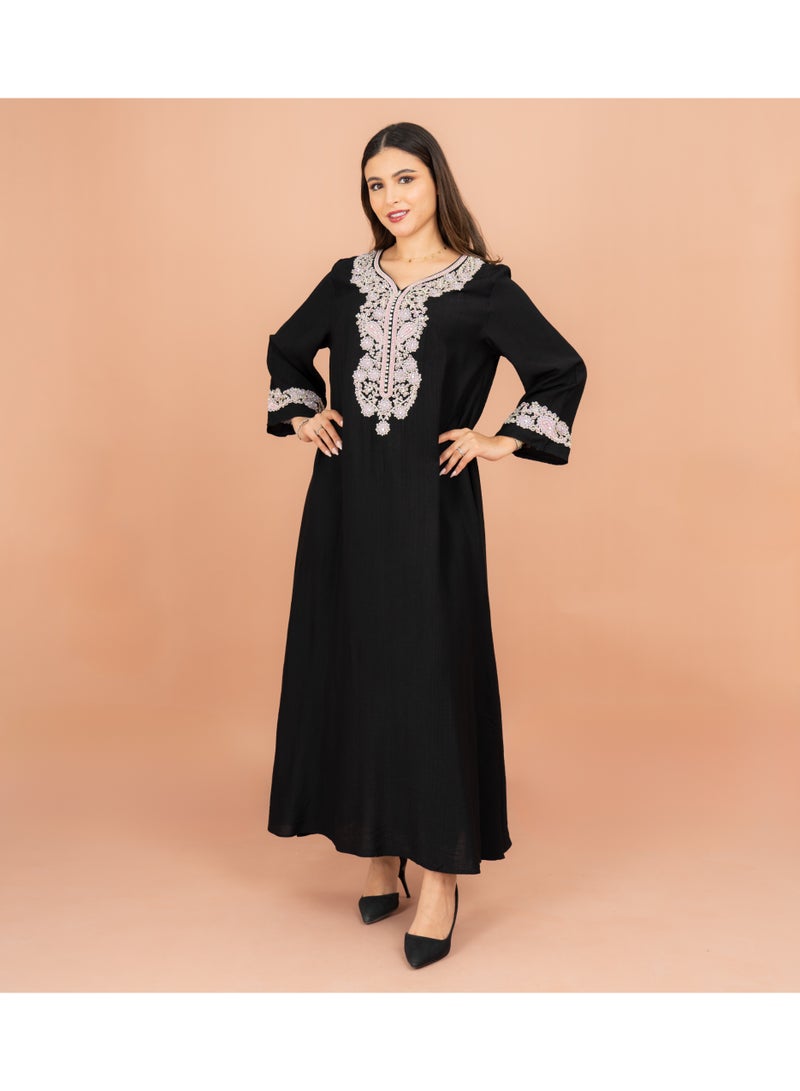 IKKXA Classic Solid Floral Embroidery Crystal Jalabiya IK605 Black - Image 1