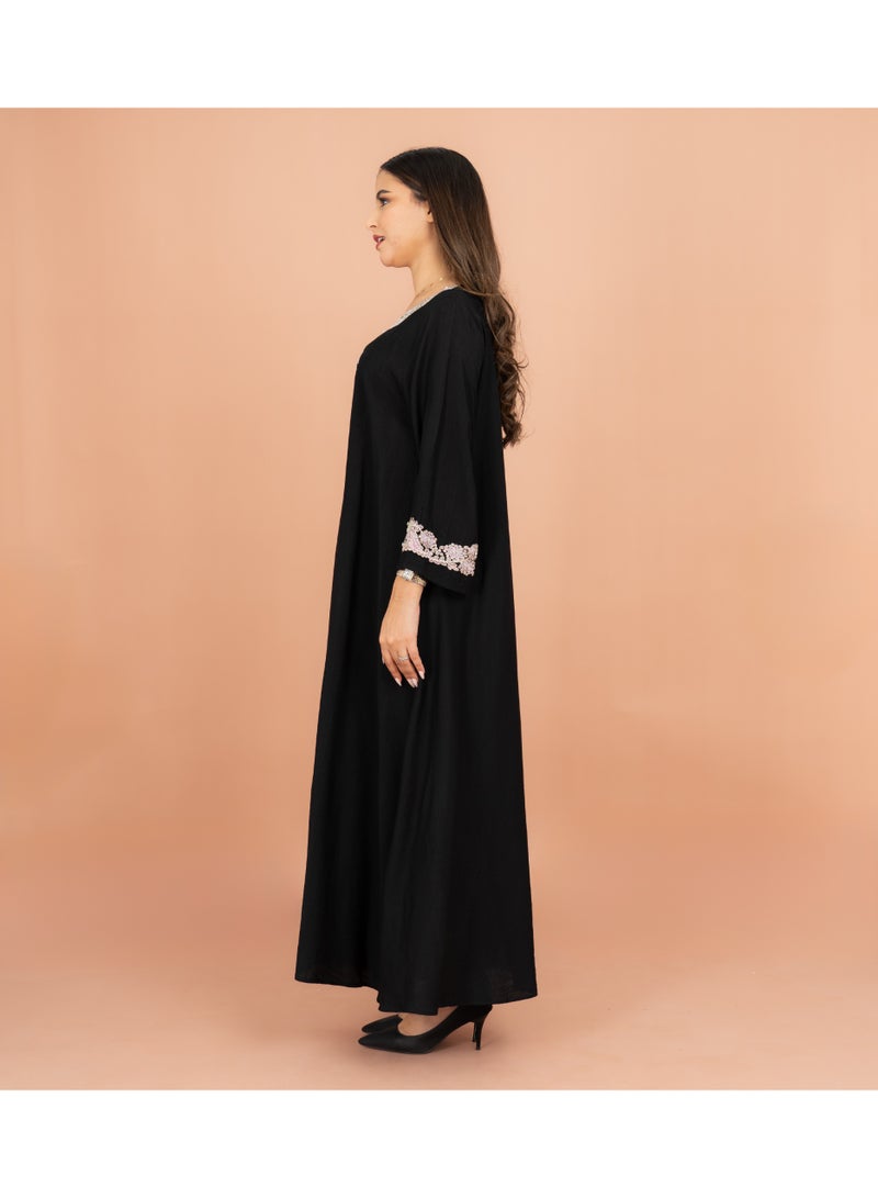 IKKXA Classic Solid Floral Embroidery Crystal Jalabiya IK605 Black - Image 3