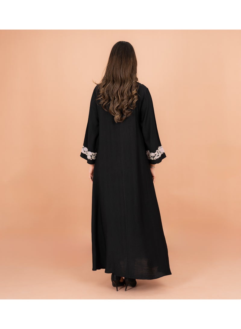 IKKXA Classic Solid Floral Embroidery Crystal Jalabiya IK605 Black - Image 4