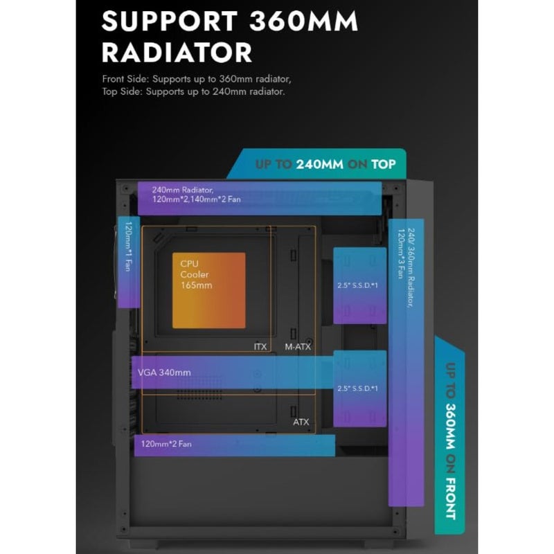 حافظة كمبيوتر ألعاب لـ ATX/M-ATX/ITX، زجاج مقسى، أسود، تتضمن مراوح ARGB مقاس 4 × 120 مم، وتدعم المبرد مقاس 360 مم ومراوح تصل إلى 8 × 120 مم، و3 فتحات SSD، و7 فتحات PCIe - Image 5