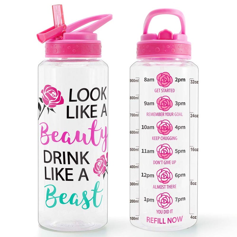 Home Tune 32oz Motivational Water Bottle with Straw & Time Marker  BPA FREE Tritan & Dustproof Flip Straw & Leak Proof & Carry Handle & Pretty Design & Easy Clean (Beauty & Beast)