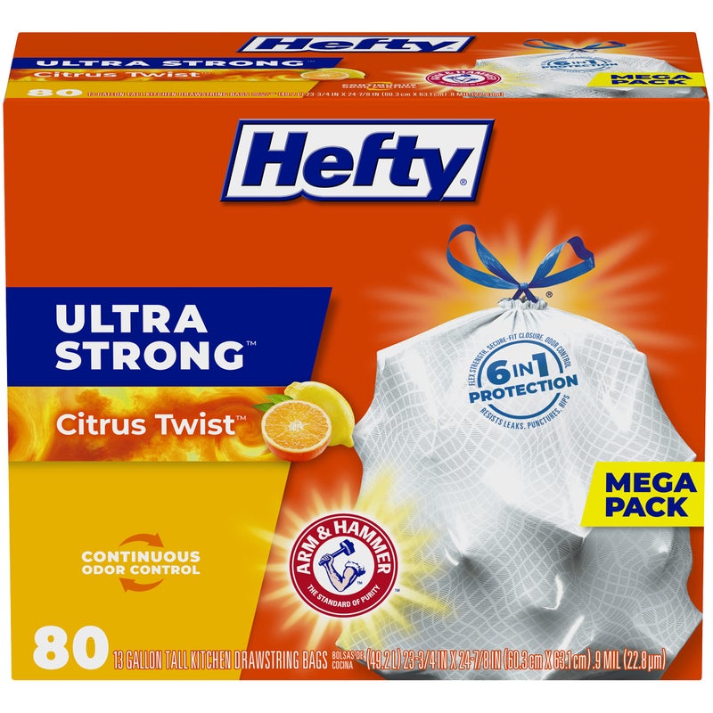 Hefty Ultra Strong Tall Kitchen Trash Bags, Citrus Twist Scent, 13 Gallon, 80 Count - Image 1