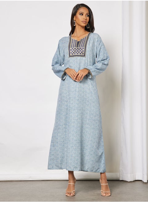 All-Over Printed Long Sleeve Cotton Jalabiya