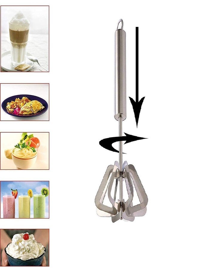 Madiyo Stainless Steel Hand Push Whisk Blender,Beater Milk Frother Mixer Stirrer, Blending, Egg Beater Stirring Lassi Butter Milk Maker Mixer Silver Medium - Image 3
