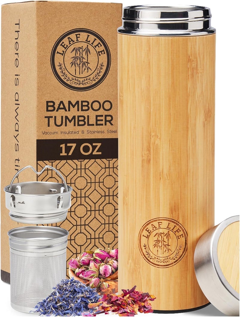 LeafLife Premium Bamboo Tea Bottle for Loose Tea - Tea Infuser Bottle - Tea Gifts - Insulated Water Bottle/Coffee Tumbler/Tea - Tea Gift Set, Tea Accessories - Tea Tumbler 17oz - Image 1
