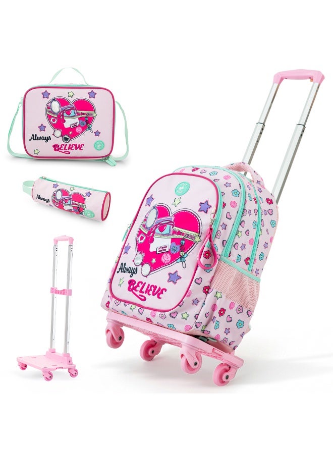 Eazy Kids 17” School Bag Set of 3 w/ 4-Wheel Trolley – Backpack, Lunch Bag & Pencil Case, Always Believe Pink - Image 1