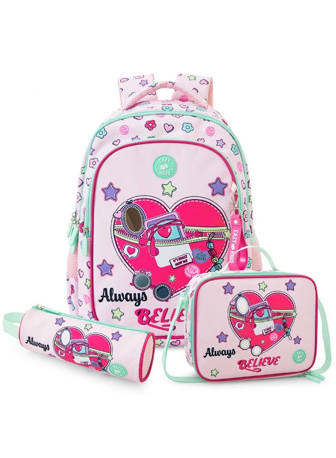 Eazy Kids 17” School Bag Set of 3 w/ 4-Wheel Trolley – Backpack, Lunch Bag & Pencil Case, Always Believe Pink - Image 2