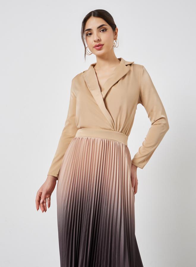 Styli Beige Ombre Pleated Blazer Maxi Dress - Image 3