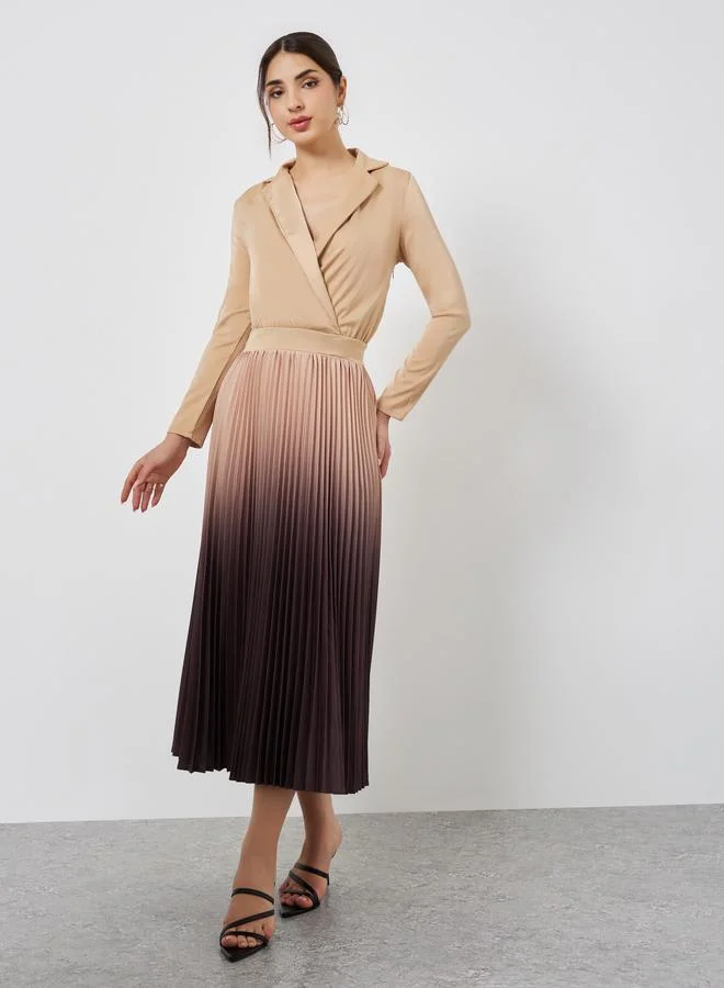 Styli Beige Ombre Pleated Blazer Maxi Dress