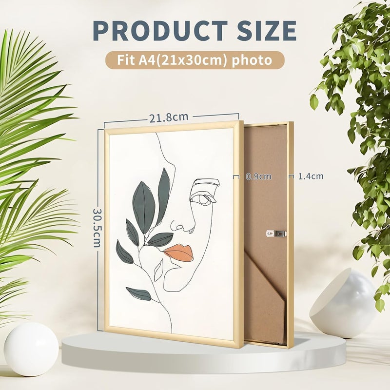 ATOBART A4 Picture Frame Set of 2, 2-pack 21x30cm gold picture frame, Wall Gallery Photo Frames, Gold,Aluminium - Image 3