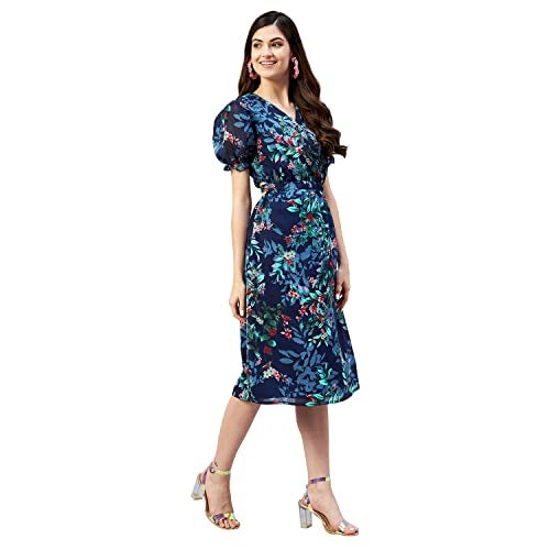 Rare Women Casual A-Line Navy Blue Colour Knee Length Floral Dress,Medium - Image 3