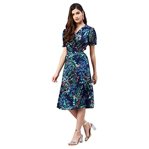Rare Women Casual A-Line Navy Blue Colour Knee Length Floral Dress,Medium - Image 2