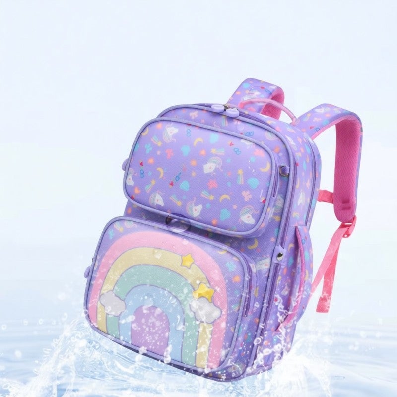 Waterproof Nylon Backpack 37x28x15cm Purple Water-Repellent Fabric - Lightweight 550g-650g Spine Protection Kids Backpack with Unicorn Rainbow Design for Children - Image 5