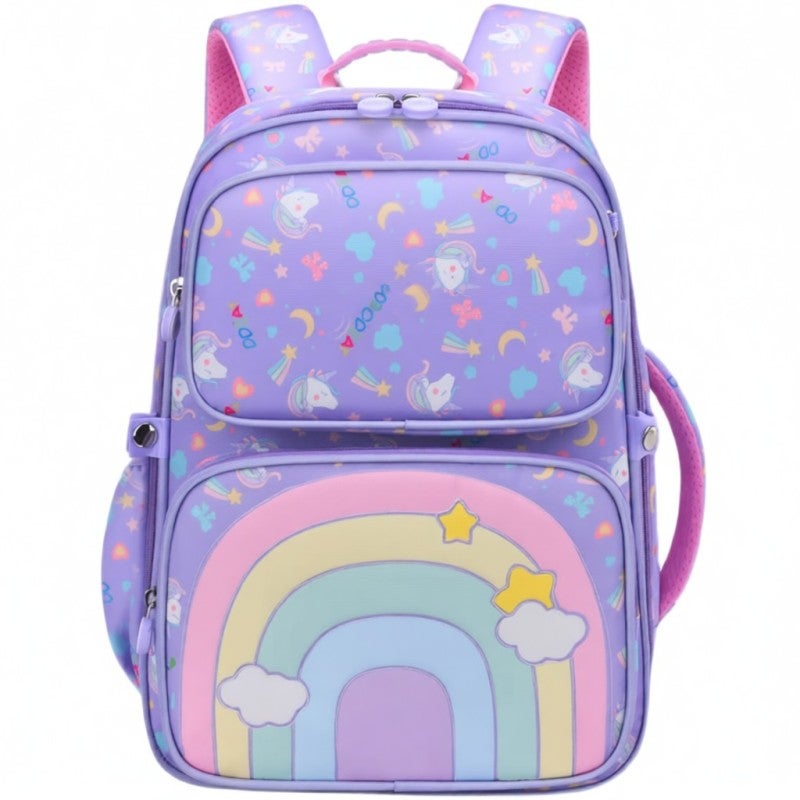 Waterproof Nylon Backpack 37x28x15cm Purple Water-Repellent Fabric - Lightweight 550g-650g Spine Protection Kids Backpack with Unicorn Rainbow Design for Children - Image 1