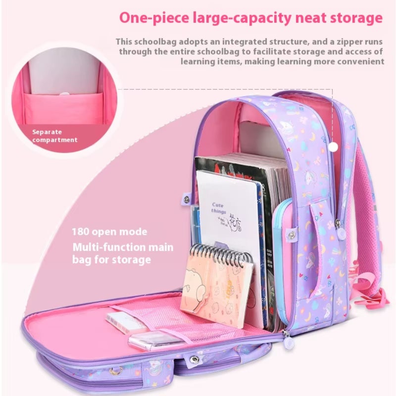 Waterproof Nylon Backpack 37x28x15cm Purple Water-Repellent Fabric - Lightweight 550g-650g Spine Protection Kids Backpack with Unicorn Rainbow Design for Children - Image 3