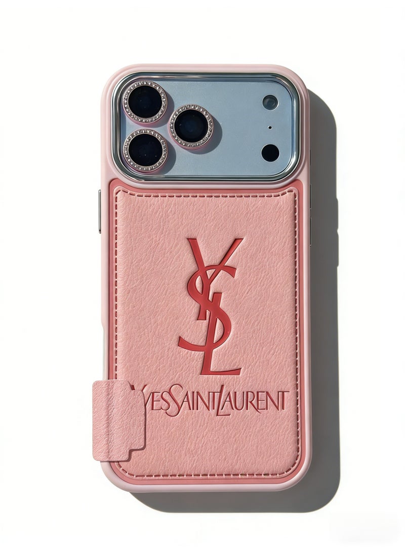 سانت لوران غطاء واقية من القشرة الوردية YSL مع فتحة بطاقة لـ iPhone 16-17 Pro Max - Image 1