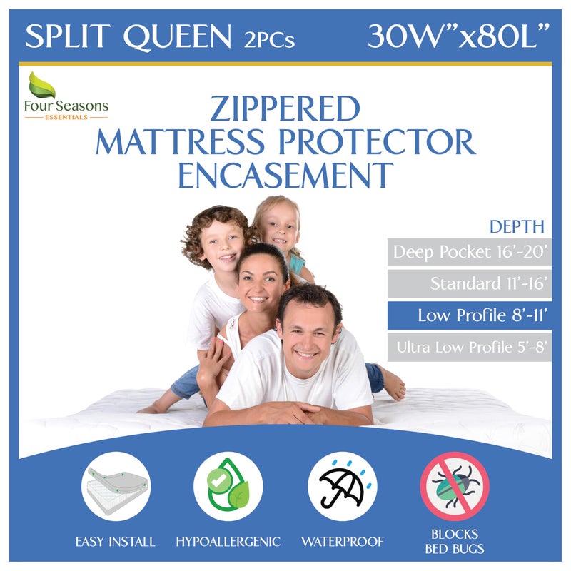 Four Seasons Essentials Split Queen MattressBox Spring Encasement 30 x 80 2PCs  Waterproof Zippered Protector Premium Quality Hypoallergenic Bed Cover Protects Against Dust  Breathable Smooth Fabric 