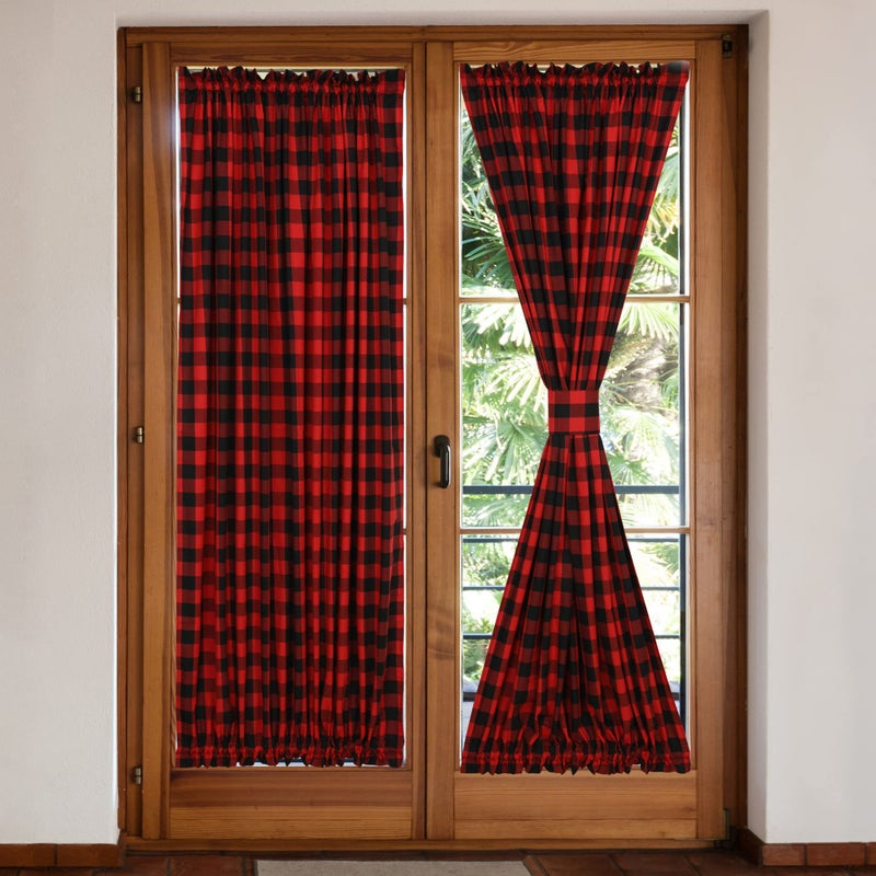 Moslovstar 2 Pcs French Door Curtains Buffalo Plaid Sidelight Curtains Rod Pocket Front Door Window Curtains Panels with Bonus Tiebacks  Red and Black  25 x 72 Inch - Image 1