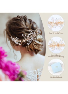 Oriamour Bridal Headpieces For Women Handmade Wedding Headbands For Bride Hair Accessories Flowerleaf Bridal Headband Wedding Hair Piece With Pearls (Gold)  - Image 3
