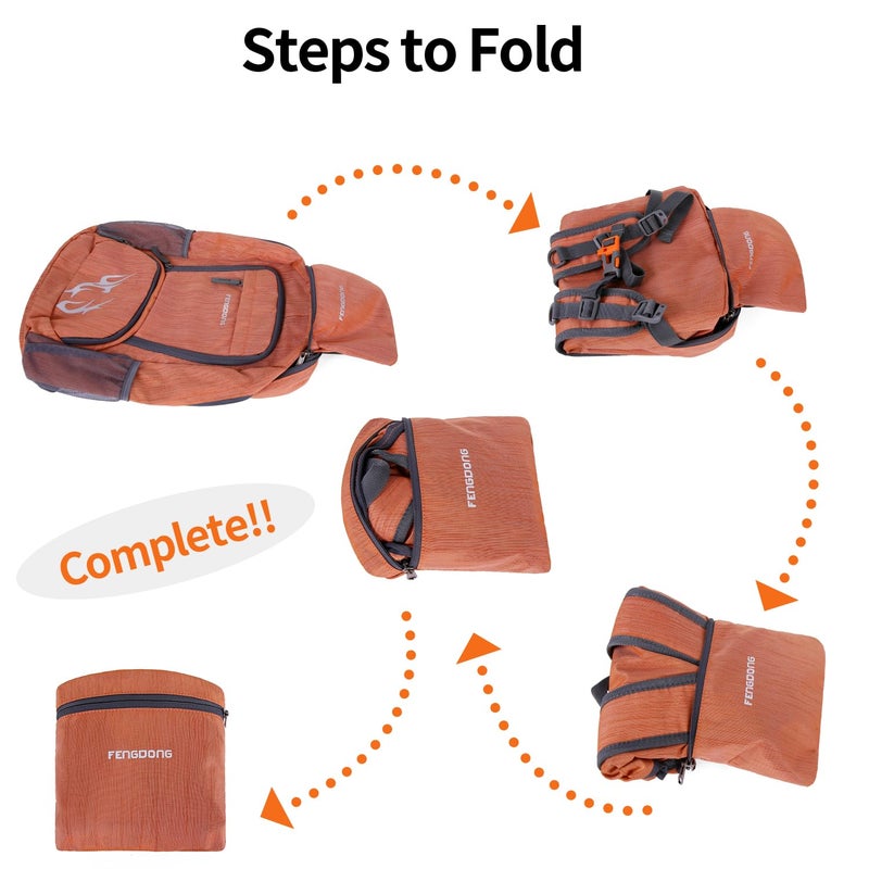 FENGDONG 35L Lightweight Foldable Waterproof Packable Travel Small Hiking Backpack Daypack for men women Dark Orange - Image 3