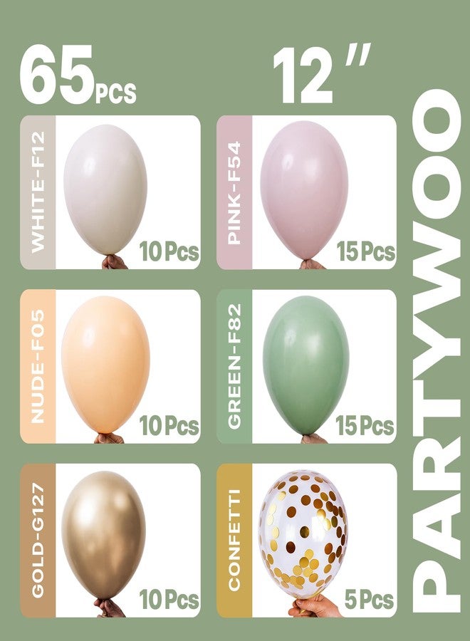 PartyWoo Pink and Green Balloons 65pcs 12 Inch Metallic Gold Sand White Sage Green Nude Dusty Pink Gold Confetti Balloons for Baby Shower Wedding Engagement Princess Birthday Party Decorations - Image 2